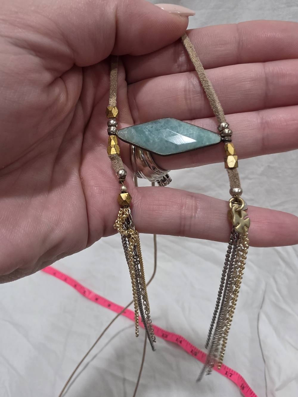 Lucky Brand Aqua Marquise Stone Suede Necklace with Mixed Metal Tassels